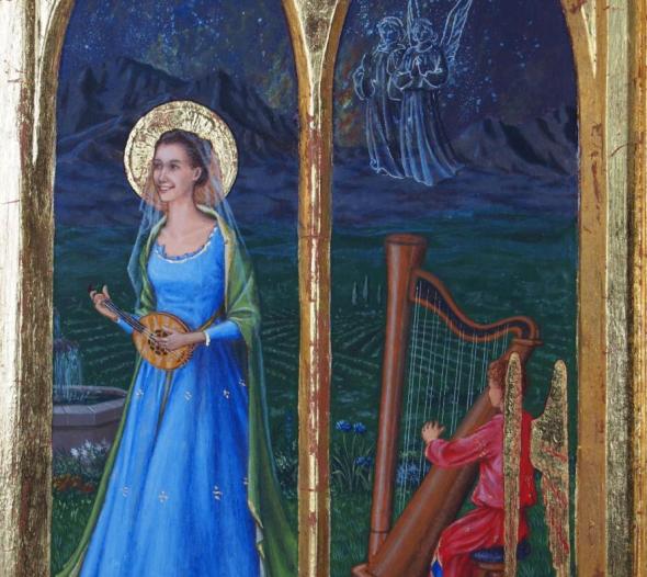 volet droit d'un triptyque : sainte Cécile, patronne des musiciens.